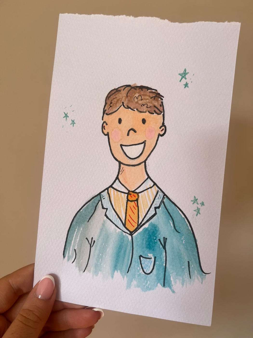 Watercolour doodle of a smiling guest in a blue suit and orange tie