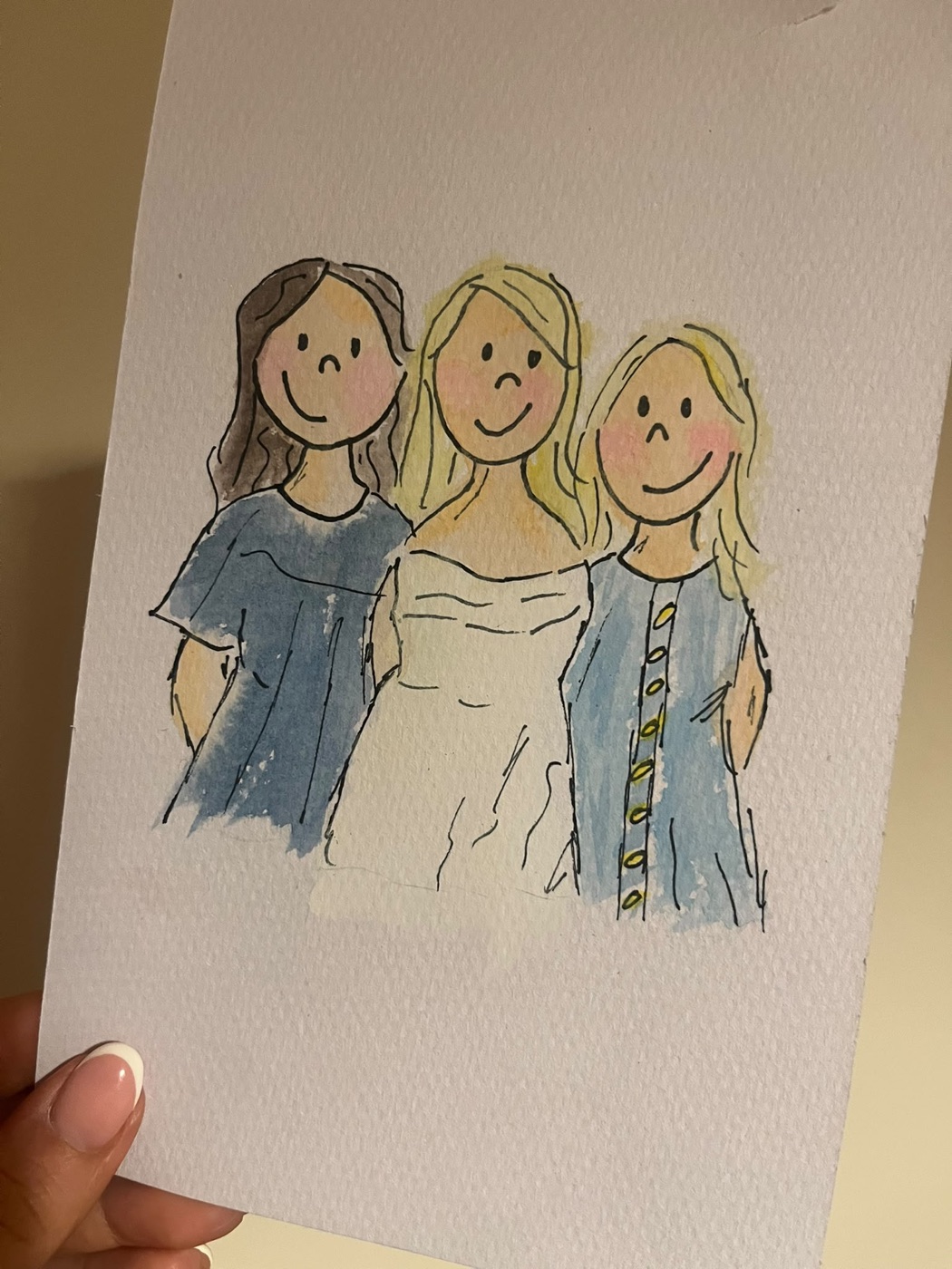 Watercolour doodle of three bridesmaids arm in arm in blue and white dresses