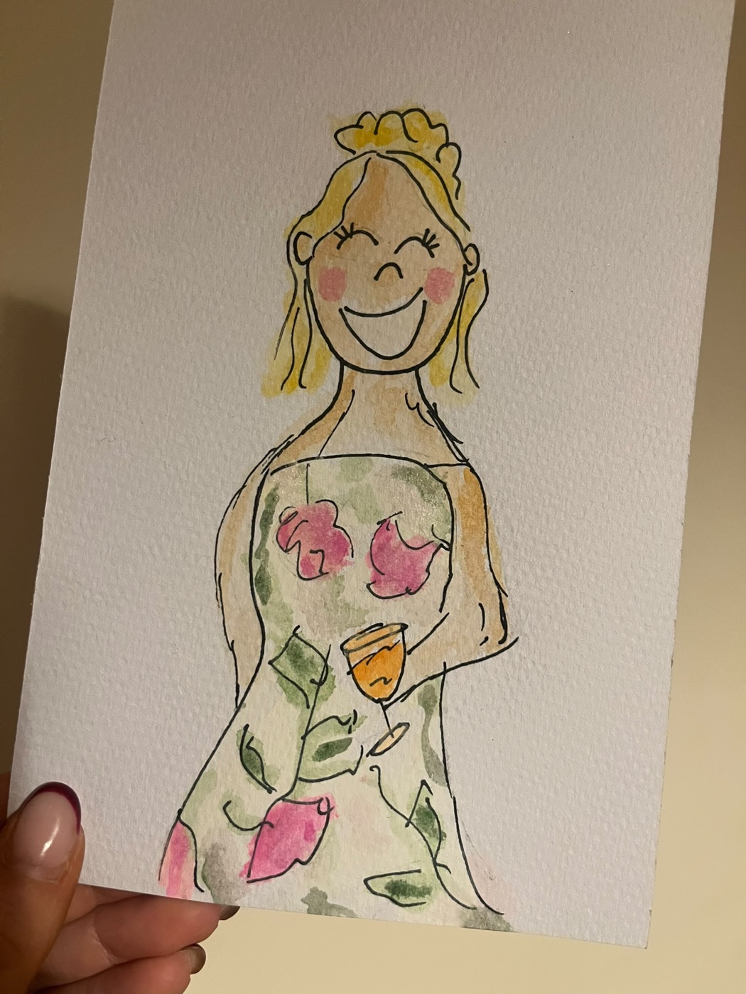 Watercolour doodle of a guest in a floral dress holding a glass of wine