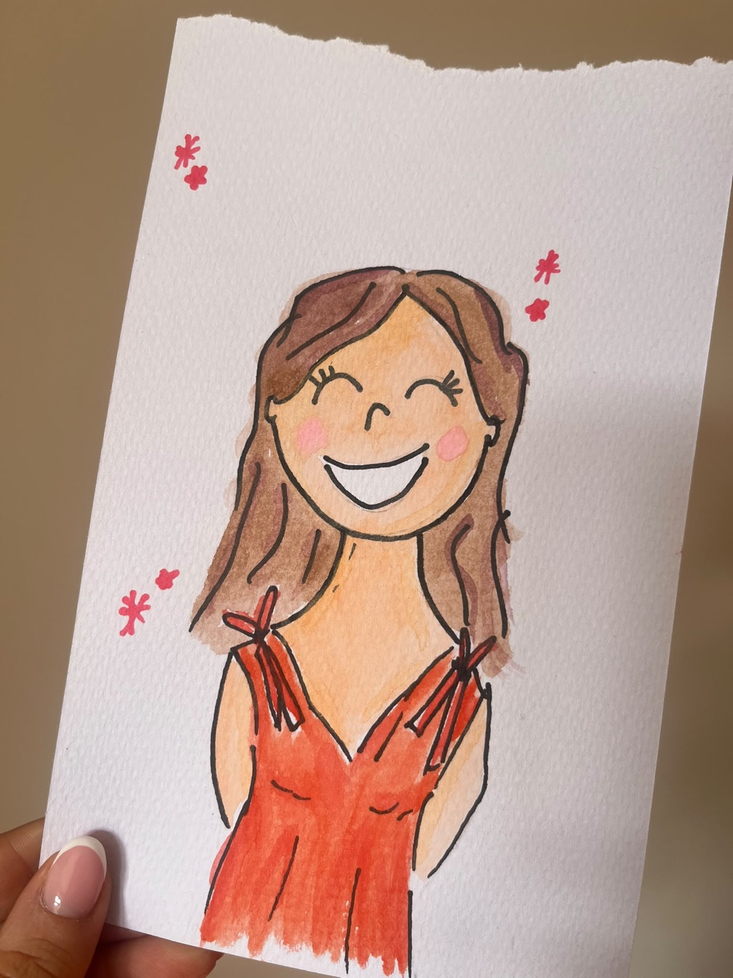 Watercolour doodle of a laughing guest in a red dress